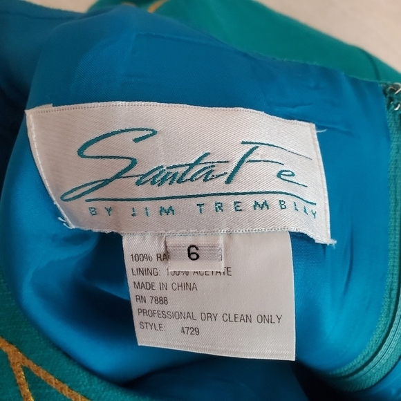 Santa Fe Sheath Dress Womens 6 Aqua Green Ramie Gold Embroidered Leaves Tropical - Picture 3 of 13